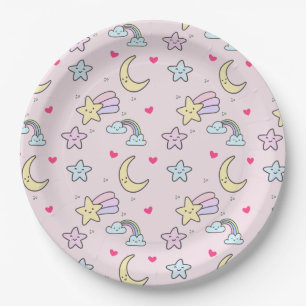Moon, Stars und Wolken Muster auf rosa Pappteller