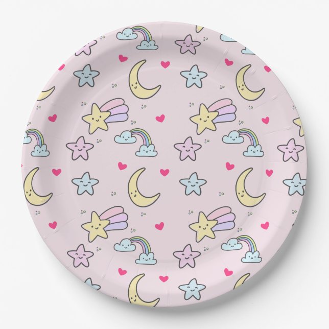 Moon, Stars und Wolken Muster auf rosa Pappteller (Vorderseite)