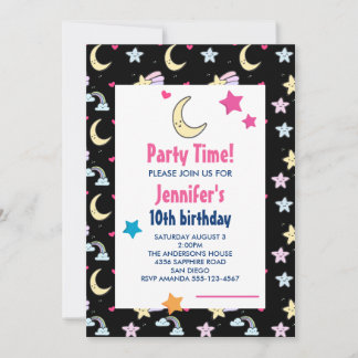 Moon, Stars und Wolken Muster BlackBirthday Party Einladung