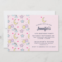 Moon-, Stars- und Wolkenmuster am rosa Geburtstag Einladung