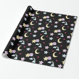 Moon, Stars und Wolkenmuster auf schwarz Geschenkpapier
