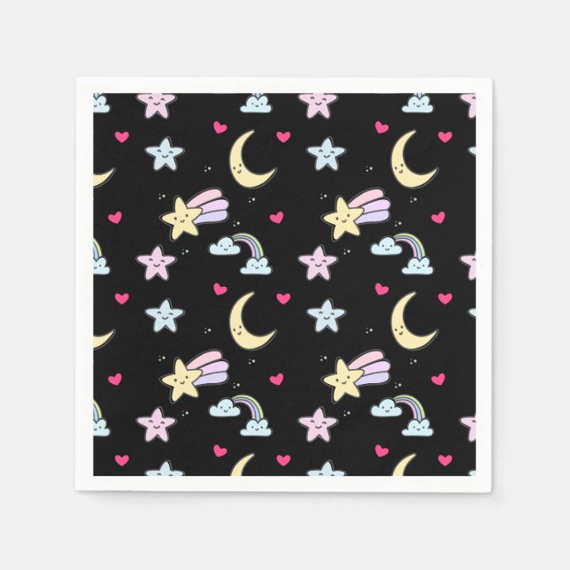 Moon, Stars und Wolkenmuster auf schwarz Serviette (Vorderseite)