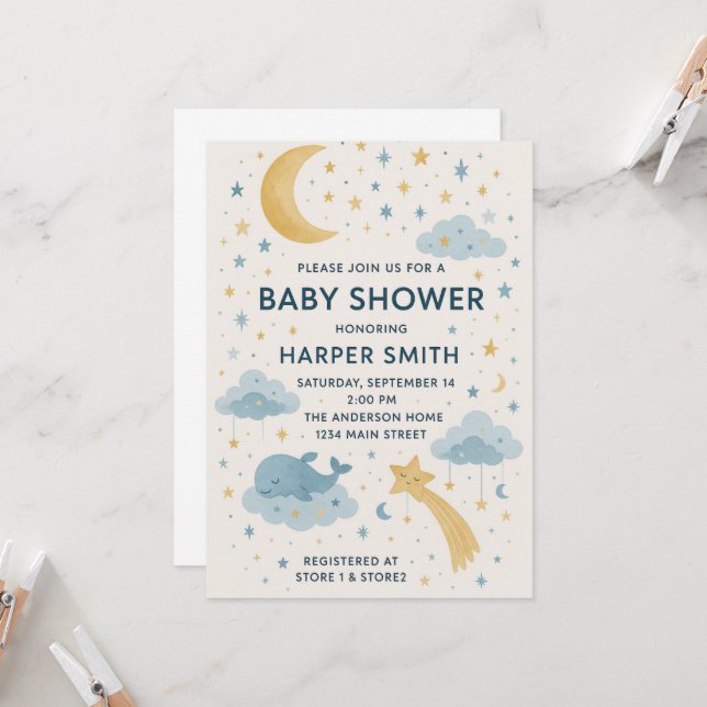 Moon, Stars & Whimsical Sky Celestial Baby Dusche Einladung (Vorderseite/Rückseite Beispiel)