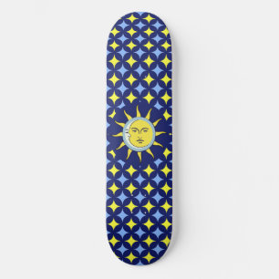 Moon & Sun auf Blue & Yellow Star-Muster Skateboard