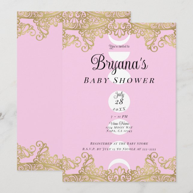 Moon Temple Pink & Gold Verziert Baby Dusche Einladung (Vorne/Hinten)