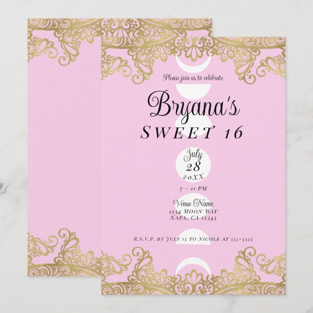 Moon Temple Pink & Gold Verziert Sweet 16 Einladung (Vorne/Hinten)