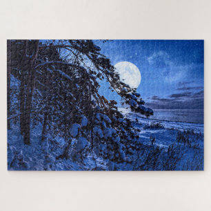 Moon über schneebedeckten Tannenbaum und Meeresküs