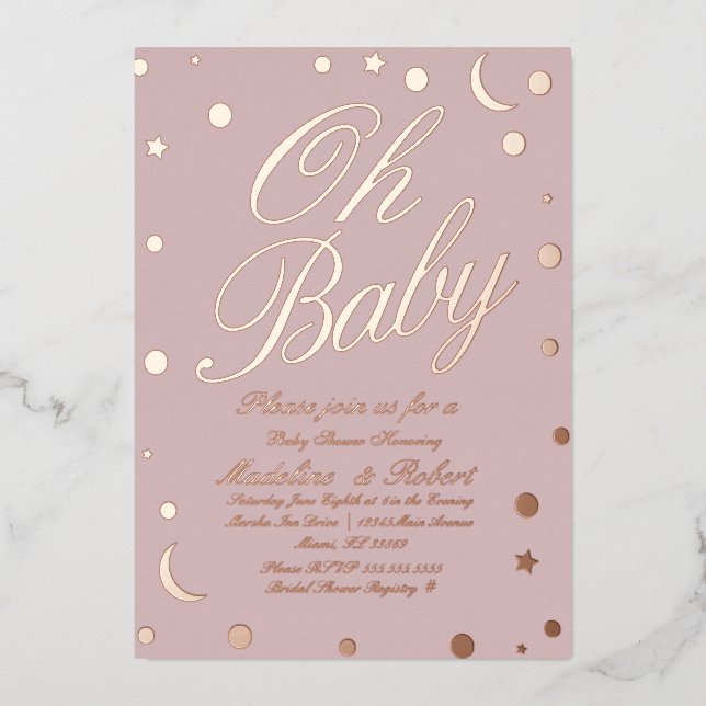 Moon und Dots Confetti Babydusche rosa gepresst Folieneinladung (Vorderseite)