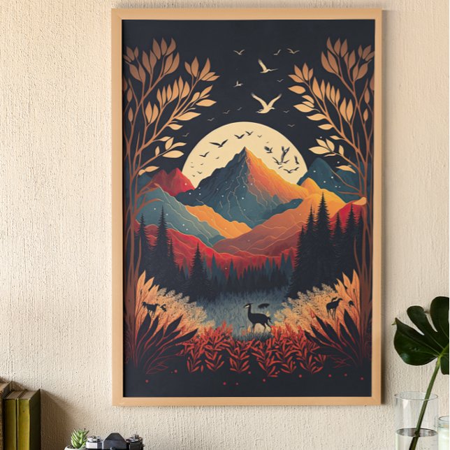 Moon und farbenfrohe Berge mit Wiese Ai Art Poster (Von Creator hochgeladen)