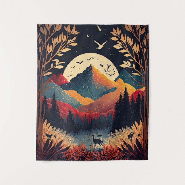 Moon und farbenfrohe Bergwelt Tapisserie Wandteppich (Vorderseite)