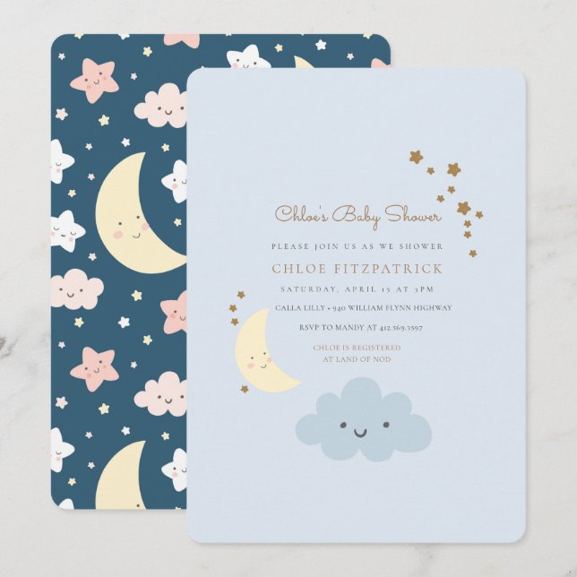 Moon und Star Baby Dusche Einladung Blue (Vorne/Hinten)