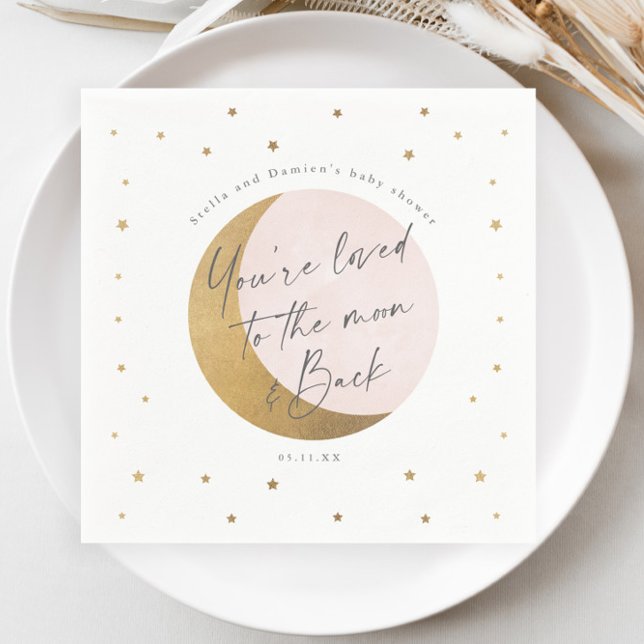 Moon und Sterne Babydusche Serviette (Elegant Gold Moon and Stars Script Pink Girls Baby Shower Napkin.)