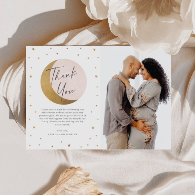 Moon und Sterne Foto Babydusche Dankeskarte (Gold Moon and Stars Pink Girls Baby Shower Photo Thank You Card.)