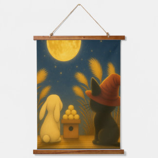 Moon Viewing Night – Black Cat and Rabbit under th Wandteppich Mit Holzrahmen