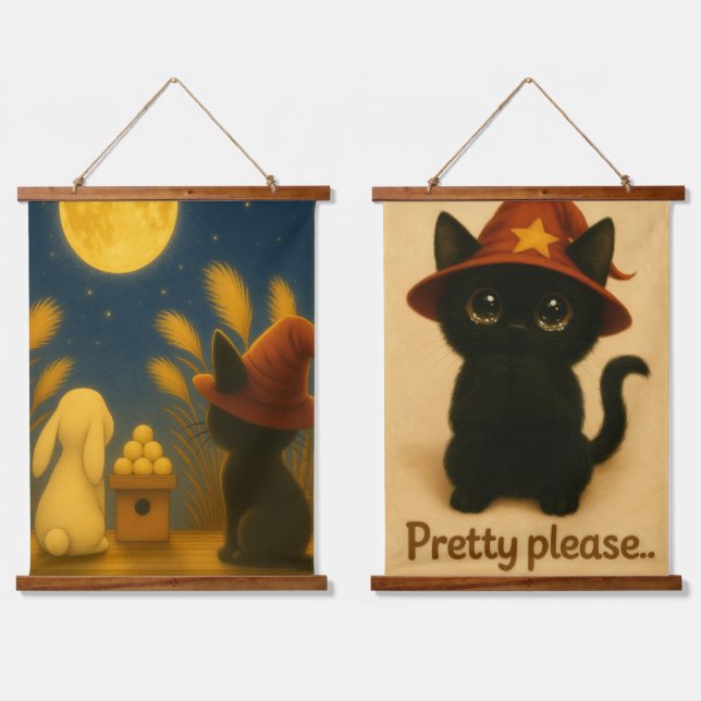 Moon Viewing Night – Black Cat and Rabbit under th Wandteppich Mit Holzrahmen (Doppelt)