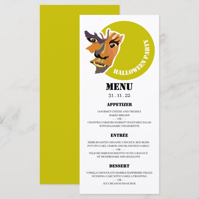 Moon Wolf, Halloween-Party Menükarte (Vorne/Hinten)