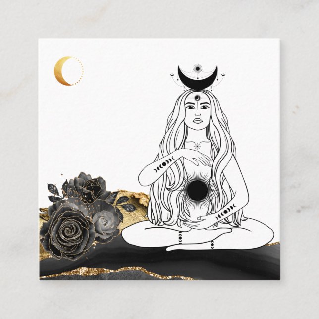 *~* Moon Yoga Luna Rose Goddess Black Gold Quadratische Visitenkarte (Vorderseite)