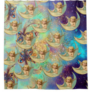 MOONANGEL IN BLAUEN GOLD GELBEN GLITZERN, WRAPPING DUSCHVORHANG