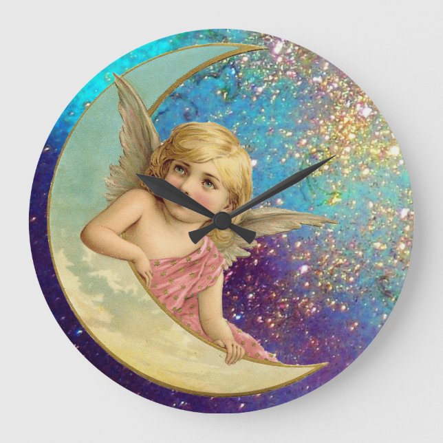 MOONANGEL IN GOLD BLAUE GLITZERN GROßE WANDUHR (Vorderseite)