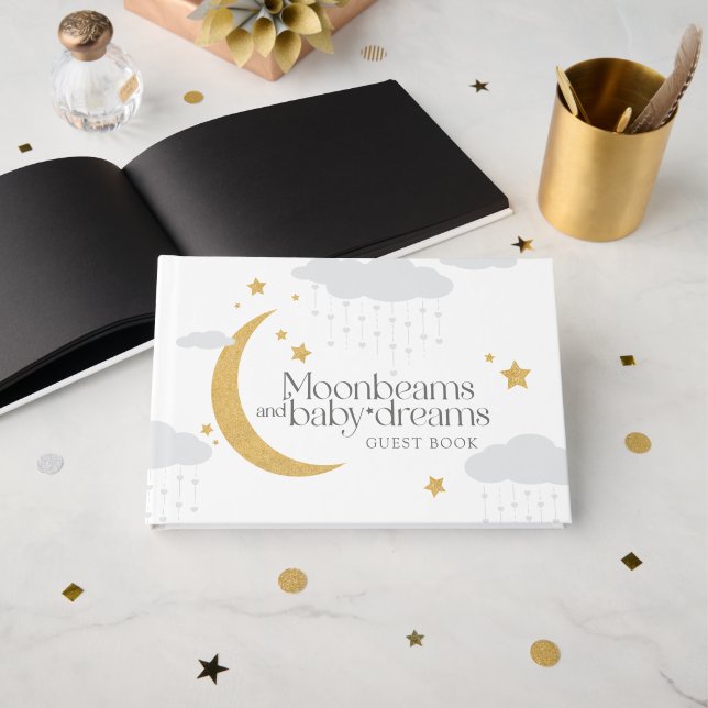 Moonbeams and baby dreams baby shower gold gray gästebuch (Vorderseite Offen)
