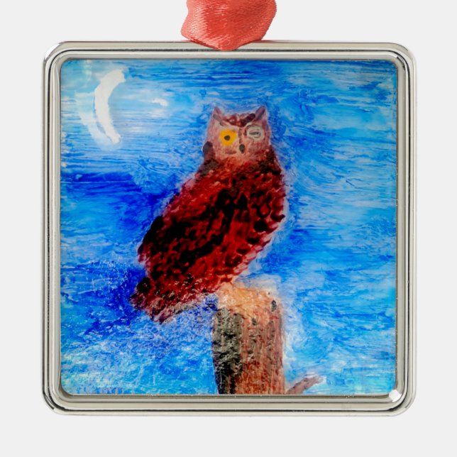 Moonlight Bird Brown Owl Silbernes Ornament (Vorne)
