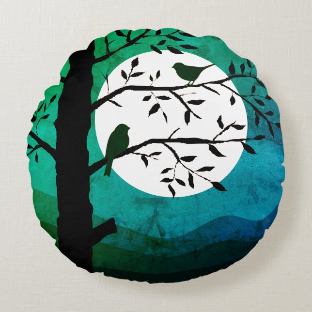 Moonlight Birds Rundes Kissen (Vorderseite)