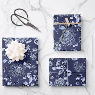 Moonlight Blauer Dahlias Blütenwein auf Blauem Nav Geschenkpapier Set