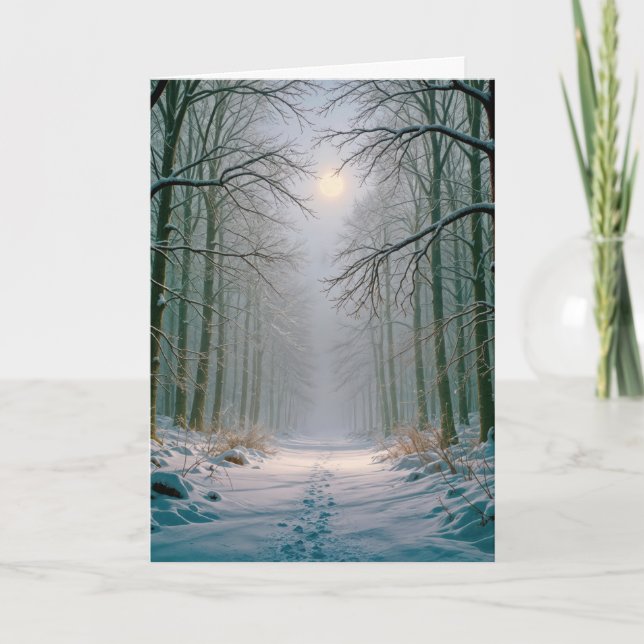 Moonlight Christmas Footprints In a Snowy Forest Karte (Vorderseite)