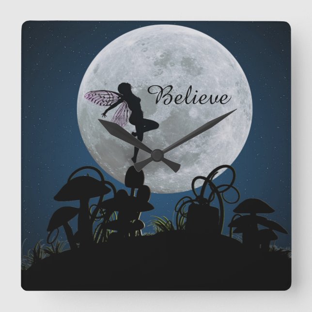 Moonlight dance believe fairy clock quadratische wanduhr (Vorderseite)