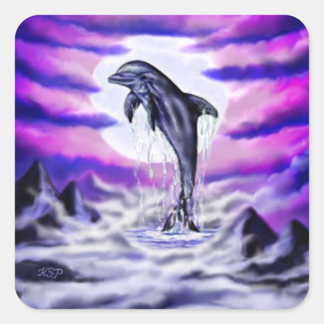 Moonlight Dolphin Quadratischer Aufkleber (Vorderseite)