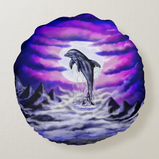 Moonlight Dolphin Rundes Kissen (Rückseite)