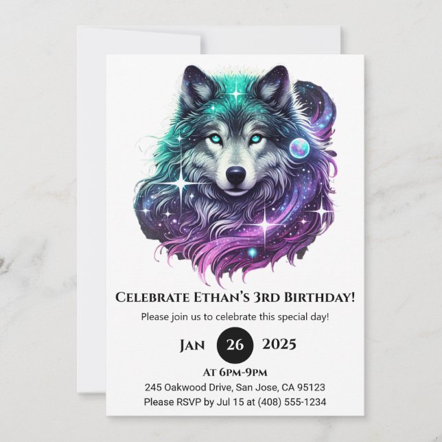 Moonlight Galaxy Wolf Geburtstag Einladung (Vorderseite)