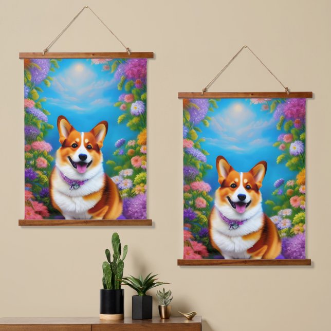 Moonlight Garden Corgi Dog Wandteppich Mit Holzrahmen (Asymmetrisch)