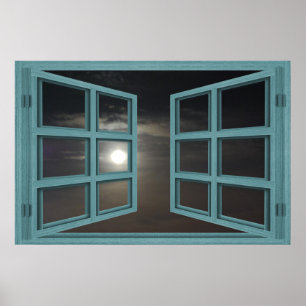 Moonlight Green Wood 6 Pane Open Window Poster