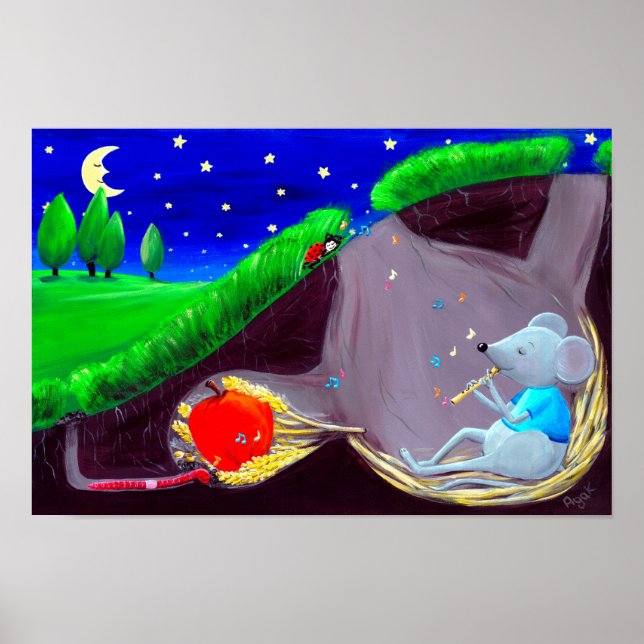 Moonlight Melody | Niedlich Field Mouse Kinderzimm Poster (Vorne)