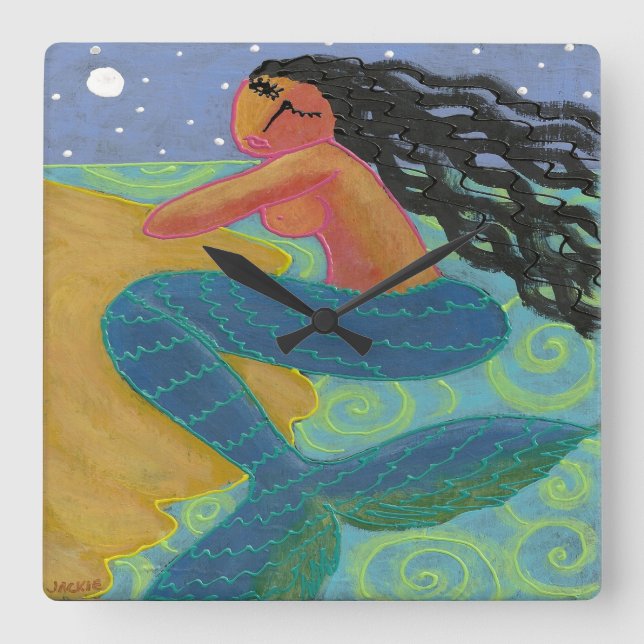 Moonlight Mermaid Abstrakter Kunstplatz Quadratische Wanduhr (Vorderseite)