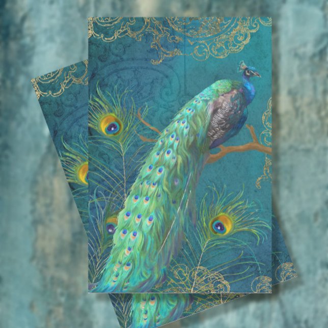 Moonlight Peacock n Feathers Aquamarine Gold Decou Seidenpapier (Von Creator hochgeladen)