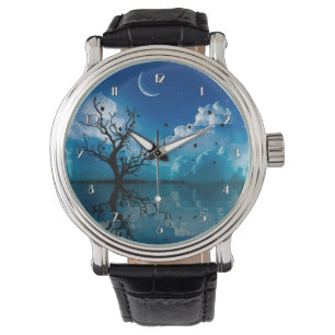 Moonlight Reflection Landschaftlich Night Sky Wris Armbanduhr