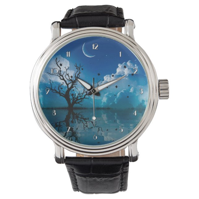 Moonlight Reflection Landschaftlich Night Sky Wris Armbanduhr (Vorderseite)