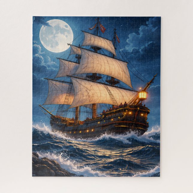Moonlight Ship Puzzle – Ocean Night Jigsaw (Vertikal)