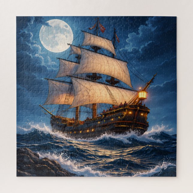 Moonlight Ship Puzzle – Ocean Night Jigsaw (Vertikal)