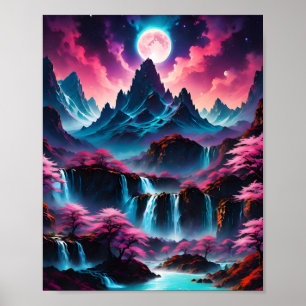 Moonlight Wasserfälle Fantasy Landsca Poster