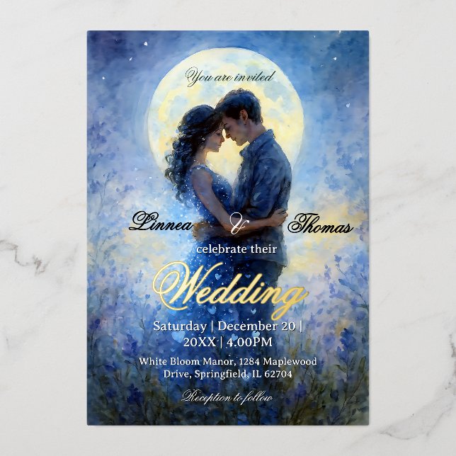 Moonlight Wedding Celestis Liebe Night Sky Thema Folieneinladung (Vorderseite)
