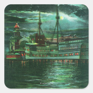 Moonlit Ansicht des Restaurant-Schiffs-Hotels Quadratischer Aufkleber