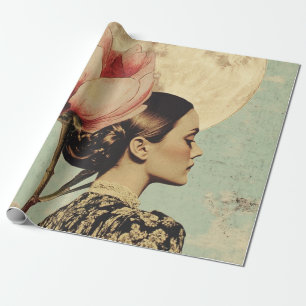 Moonlit Beauty - Frau mit rosa Blume und Mond Geschenkpapier