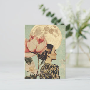 Moonlit Beauty - Frau mit rosa Blume und Mond Postkarte