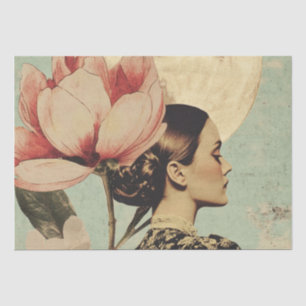 Moonlit Beauty - Frau mit rosa Blume und Mond Seidenpapier