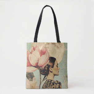 Moonlit Beauty - Frau mit rosa Blume und Mond Tasche