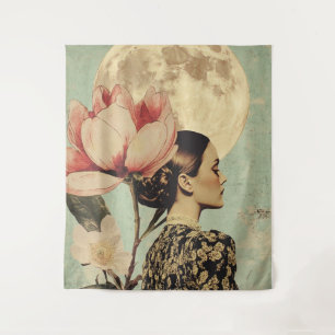 Moonlit Beauty - Frau mit rosa Blume und Mond Wandteppich