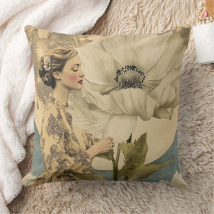 Moonlit Beauty - Frau mit weißer Blume und Mond Kissen